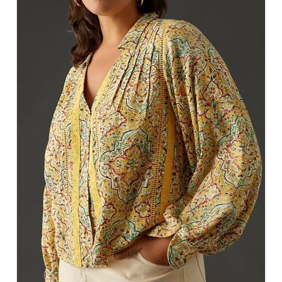 Anthropologie Pilcro Sz 1X Pintuck Peasant Blouse Yellow Floral Crochet Cottage - Picture 2 of 16